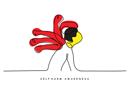 continuous line art of self harm awareness day art. Self harm awareness day is observed every year on 1st march. Psychological disorders concept art.
