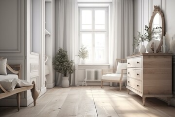 Clean room with dresser, wooden floor, decor on large wall, white landscape in window. Home Nordic interior. Generative AI