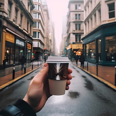 Person enjoying a hot drink in the middle of a city street, capturing the hustle and bustle of the city and the warmth and comfort of the drink, Generated AI