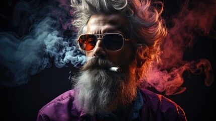 Hipster old man with gray hair smoking fruit electronic cigarette on black background 