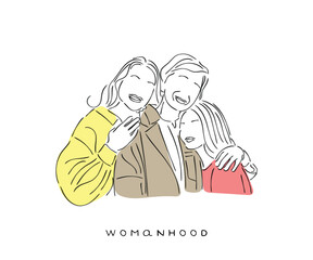 women empowering women. Line art vector of a middle age woman. Women's day art. Isolated women doodles. Empowerment And women solidarity concept.