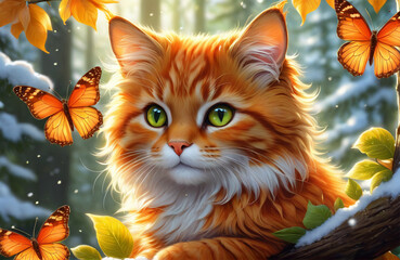 Cute cat sitting on a tree branch, with butterflies flying