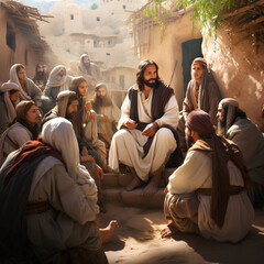 Jesus preaching to people in a small village