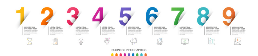 Modern vector flat illustration. Line infographic numbers template with nine elements, icons. Timeline designed for business, presentations, web design, interface, diagrams with 9 steps