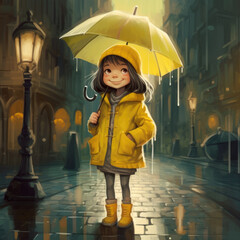 cheerful  girl a yellow raincoat walking the city on a rainy day