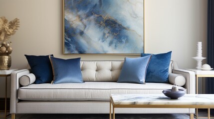 Intriguing Detailed Shot: A Contemporary Living Room featuring a White Sofa with a Blue Pillow, atop a Blue Marble Podium Table with a Blue Small Designed Pot, Accompanied by a White Long Table 