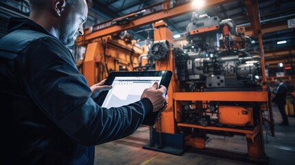 Portrait of an engineer holding a tablet near a large CNC machine working in an industrial plant. Inspection, tool control, electronic control.