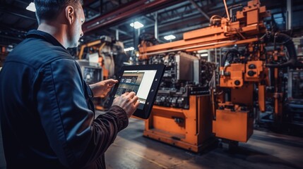 Portrait of an engineer holding a tablet near a large CNC machine working in an industrial plant. Inspection, tool control, electronic control.