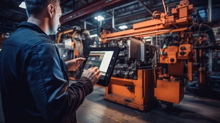 Fotobehang Portrait of an engineer holding a tablet near a large CNC machine working in an industrial plant. Inspection, tool control, electronic control. © Phoophinyo