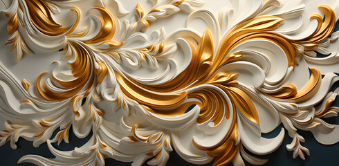 a gold and white wallpaper with a lot of swirls, in the style of tropical baroque, repetitive, batik, decorative