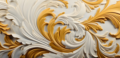 a gold and white wallpaper with a lot of swirls, in the style of tropical baroque, repetitive, batik, decorative