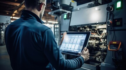 Portrait of an engineer holding a tablet near a large CNC machine working in an industrial plant. Inspection, tool control, electronic control. - Powered by Adobe