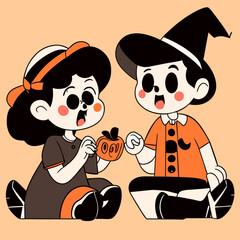 A girl and a boy are happily sitting, enjoying candy to celebrate Halloween. Vector