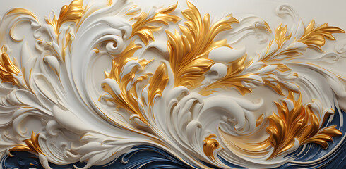 a gold and white wallpaper with a lot of swirls, in the style of tropical baroque, repetitive, batik, decorative