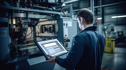 Portrait of an engineer holding a tablet near a large CNC machine working in an industrial plant. Inspection, tool control, electronic control.