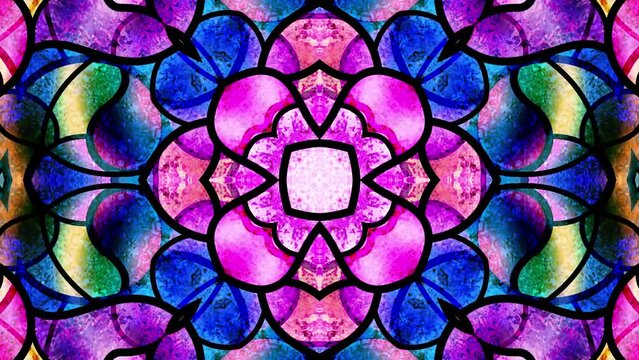 Christmas party background with stained glass window. Light. Seamless looping multicolor animation footage. Kaleidoscopic dynamic background. Dj loop. Optical illusions. Vj loops. Transformations. 4K
