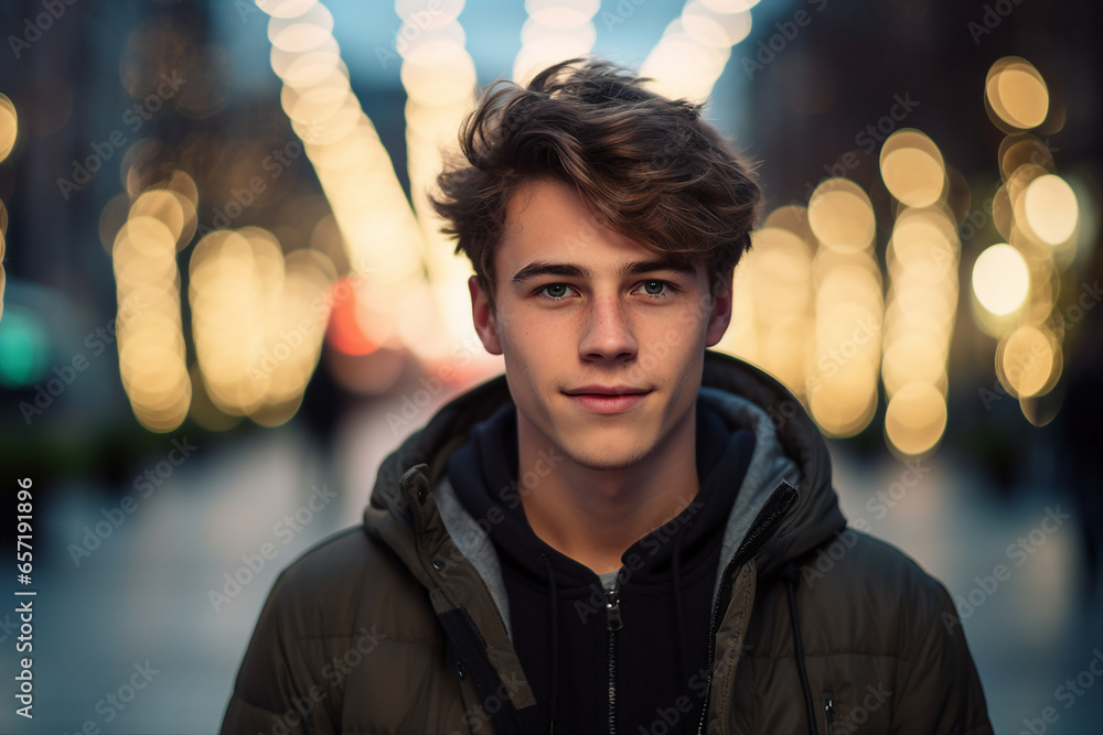 Poster Generative AI photo image of a young male person looking at a camera city lights backdrop