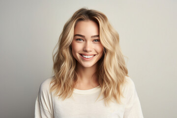 Fototapeta premium Illustration generative AI collage amazing beauty blonde woman smiling toothy beaming isolated pastel color background