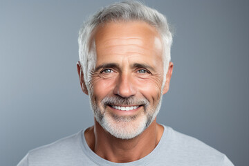 Obraz premium Generative AI photography of a cheerful elderly man with white toothy smile isolated on dark grey background