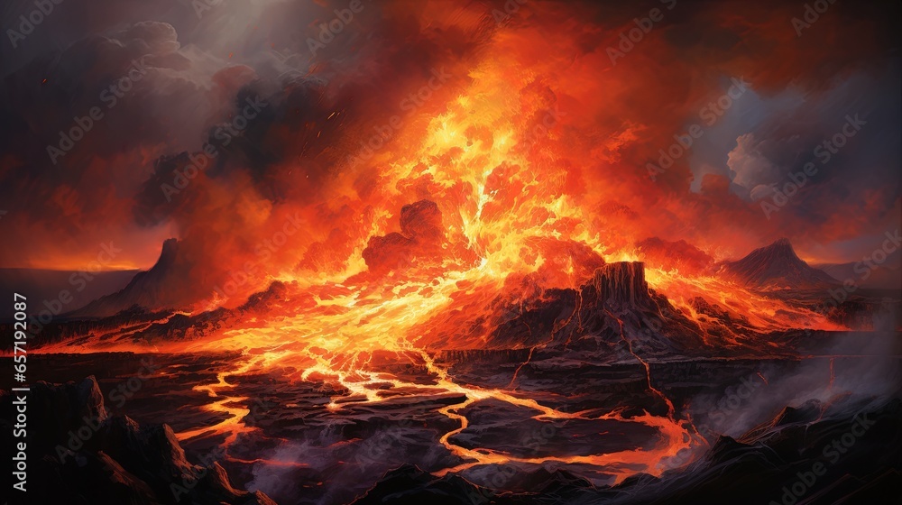 Poster a painting of a volcano with lava and lava surrounding it. generative ai