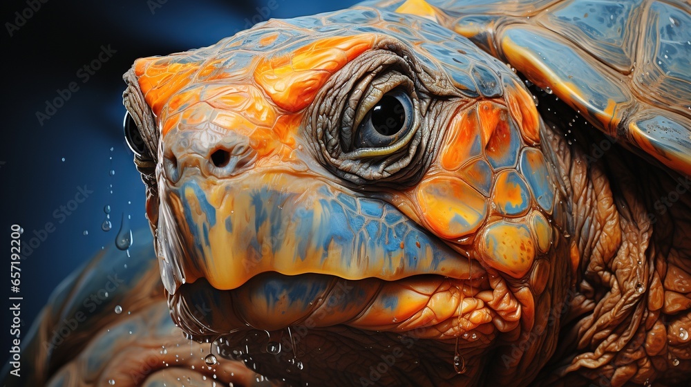 Poster a close up of a turtle's face with water droplets on it. generative ai