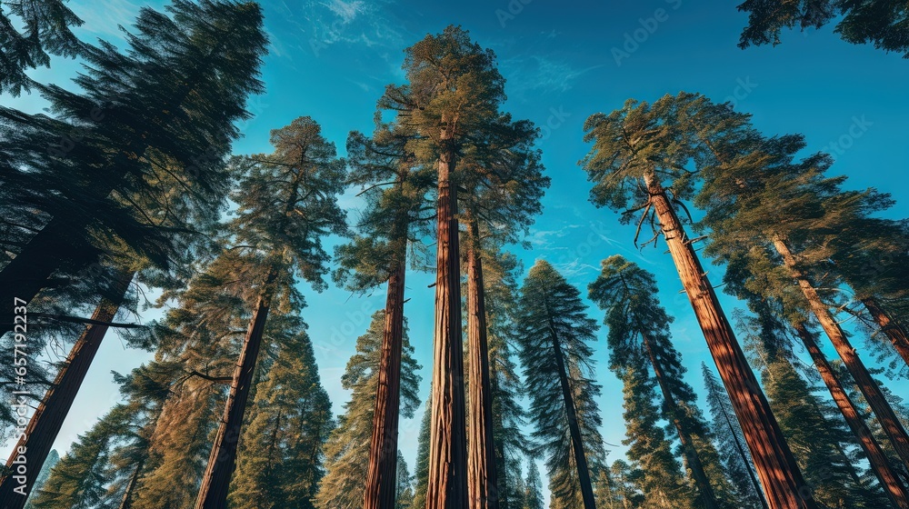 Poster a group of tall trees standing next to each other in a forest. generative ai