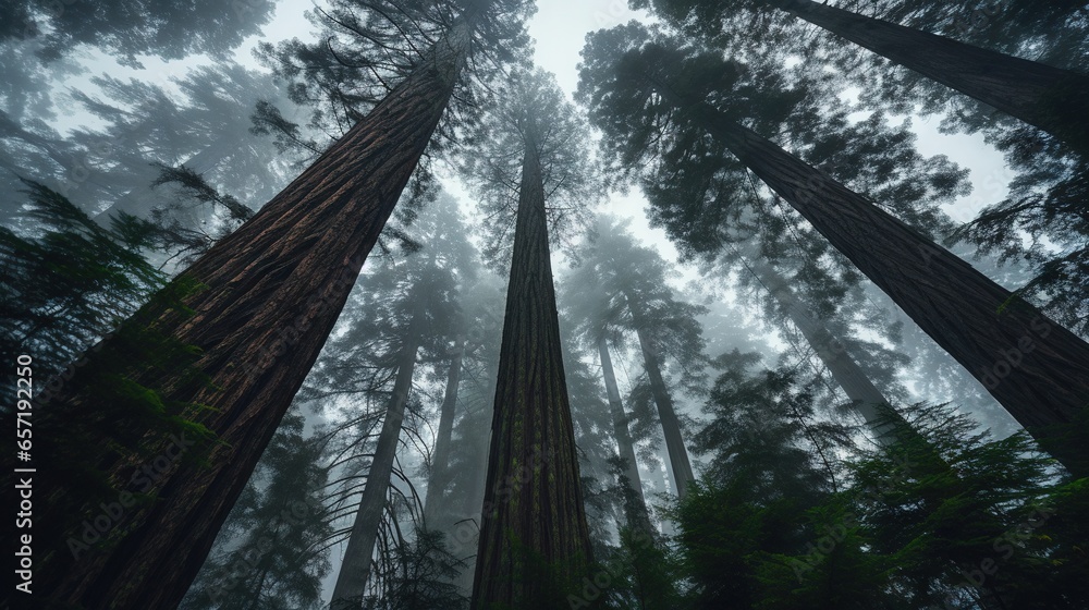 Poster a group of tall trees standing in the middle of a forest. generative ai
