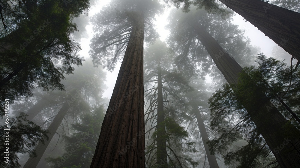 Poster a group of tall trees standing in a foggy forest. generative ai