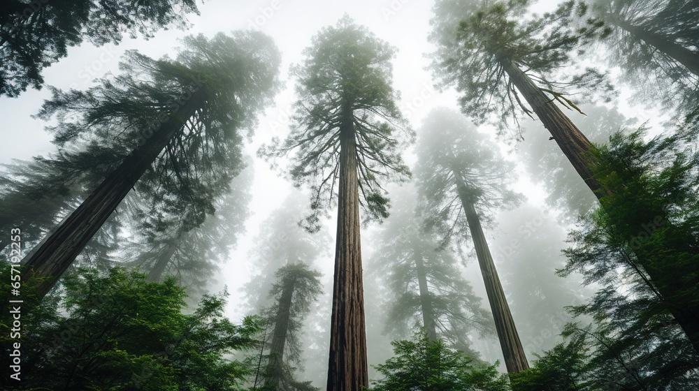 Poster a group of tall trees standing in the middle of a forest. generative ai