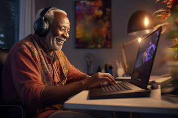 A gray-haired, bearded African American older man looks at the computer monitor screen, plays computer games. 