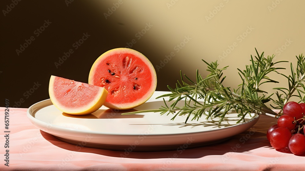 Poster a plate with a slice of watermelon and some cherries on it. generative ai