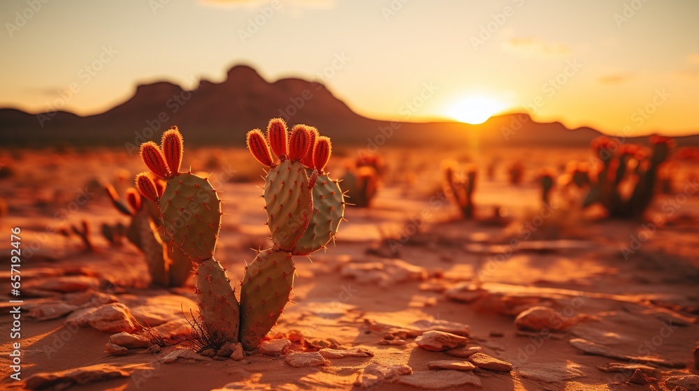 Aufkleber a cactus in the desert with the sun setting in the background. generative ai