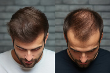 Generative AI collage two photos comparison before after anti hair loss procedure hair treatment - obrazy, fototapety, plakaty