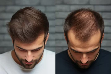 Foto op Plexiglas Generative AI collage two photos comparison before after anti hair loss procedure hair treatment © deagreez