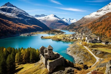 Scenic view of Lake St. Moritz in October. Generative AI - obrazy, fototapety, plakaty
