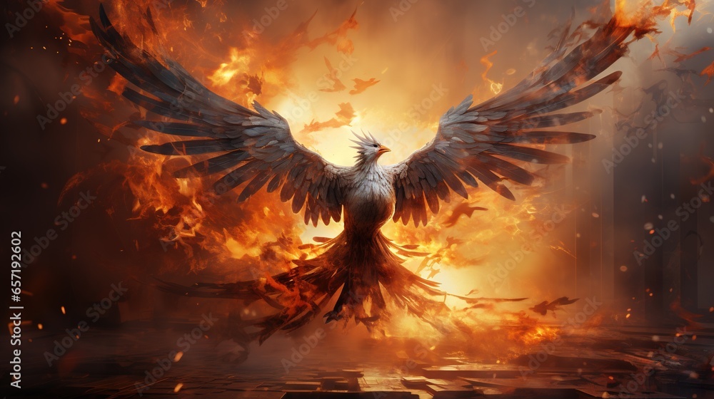 Poster a large bird with wings spread out in front of a fire. generative ai