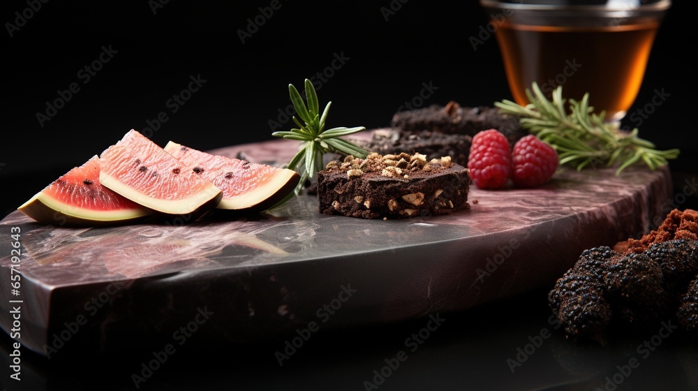 Poster a table topped with slices of cake next to a cup of tea. generative ai