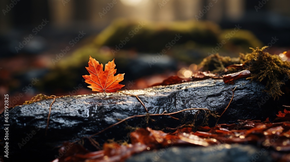 Poster a single leaf is sitting on a log in the woods. generative ai