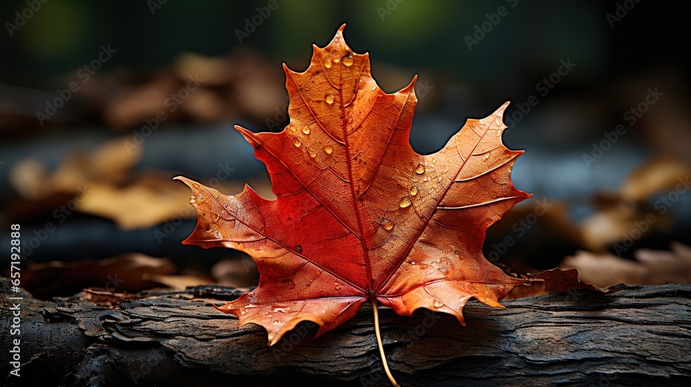 Poster a red leaf with water droplets on it laying on a log. generative ai
