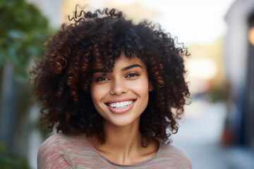 Fototapeta premium Generative AI picture of beautiful young woman afro volume hair style in the street sunny day
