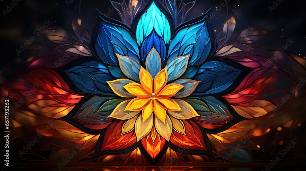Poster a painting of a colorful flower on a black background with a reflection. generative ai