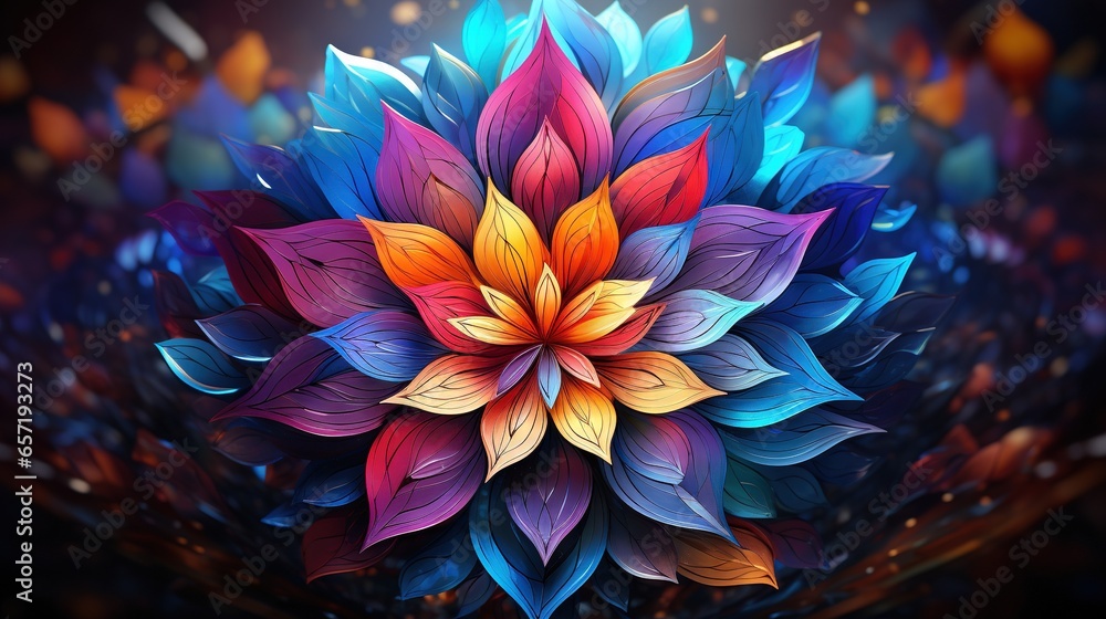 Poster a colorful flower with leaves on a dark background with a bright light. generative ai