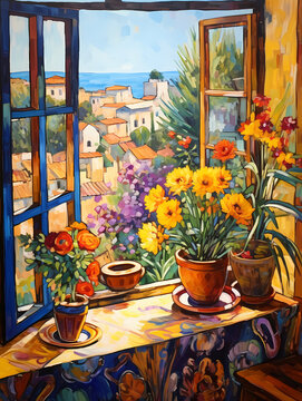 Painting Of Flowers On A Window Sill