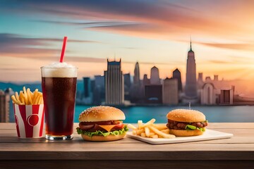 fast food and unhealthy eating concept - close up of fast food snacks and cola drink on wooden table - obrazy, fototapety, plakaty