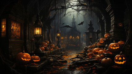 Halloween Themed Office Wallpaper - Spooky Atmosphere with Jack-o-Lantern Decorations, AI-Generated