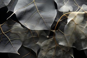 a beautiful black and white photo of dried leaves, in the style of infinity nets, translucent planes, trompe-l'œil illusionistic detail, striated resin veins, human connections