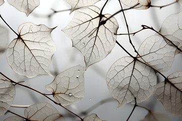 a beautiful black and white photo of dried leaves, in the style of infinity nets, translucent planes, trompe-l'œil illusionistic detail, striated resin veins, human connections