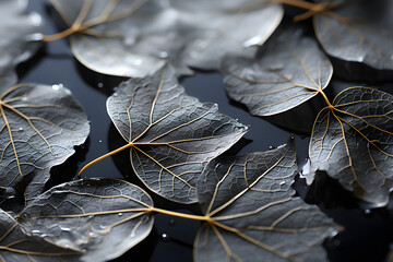 a beautiful black and white photo of dried leaves, in the style of infinity nets, translucent planes, trompe-l'œil illusionistic detail, striated resin veins, human connections