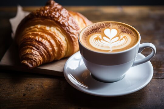 Coffee with a perfect latte art heart, next to a plate of fresh croissants. Generative AI.