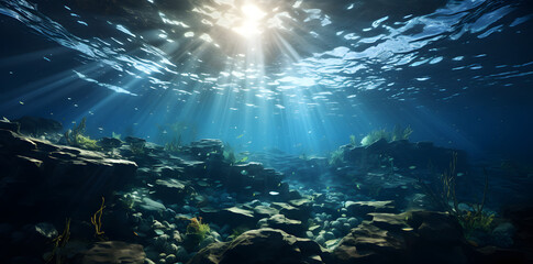 an ray of light coming out of water in the underwater, in the style of realistic scenery, azure, high detailed, detailed background elements, albrecht anker, photo-realistic landscapes, detailed backg - obrazy, fototapety, plakaty